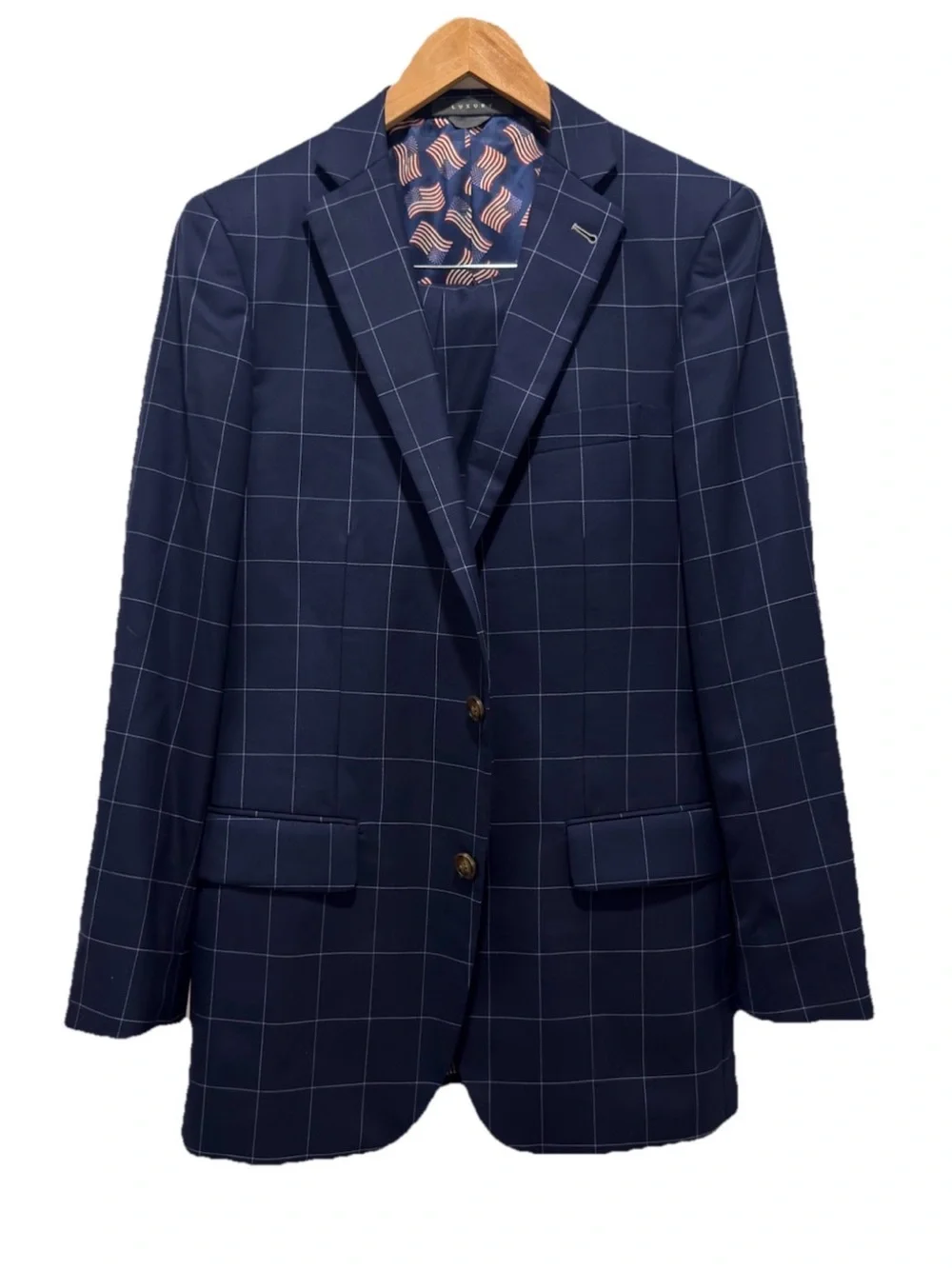 INDOCHINO Custom Wool Suit 40R 34x30 Navy Harrogate Windowpane US Flag Lining